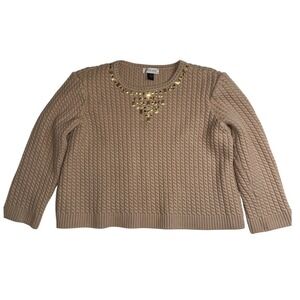 St John Sport Womens XL Tan Wool Blend Crop Cable Knit Gold Studded Sweater